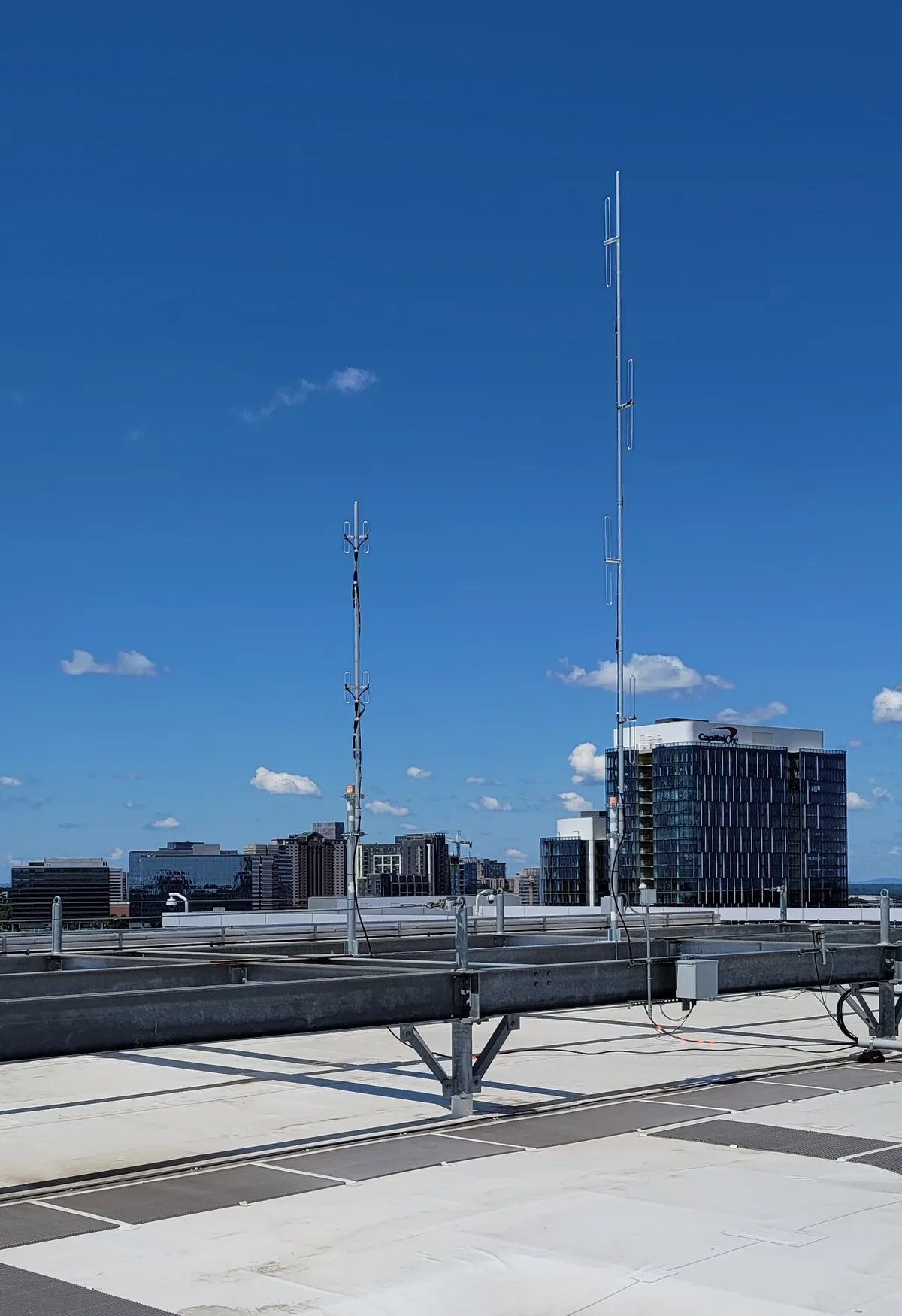 Initial antenna install for K4HTA at the MITRE building. The taller colinear antenna is K4HTA and the smaller one is for N9KET. Both the K4HTA and K4XY repeaters were upgraded about a year ago with the exact same systems. Both sites use a Raspberry Pi4 running Allstar software as the repeater controller. Since both repeaters are Allstar nodes, we can link them easily via the internet. We also use the Allstar software for remote receivers we are testing which allows easy linking to K4HTA. Additionally the K4HTA controller is set up to afford Echolink access. Both repeaters are configured to allow remote access via the controllers.