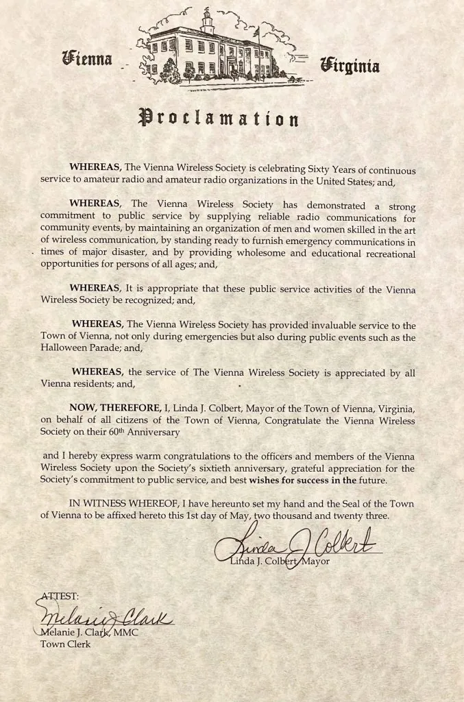 Town of Vienna Proclamation of 60 years of VWS